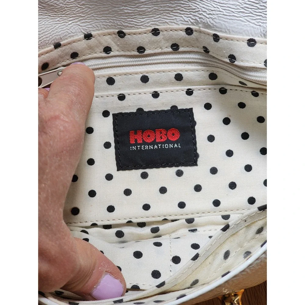 Hobo International Cream Patent Leather Clutch Bag Gold‎ Chain Polka Dot Lining